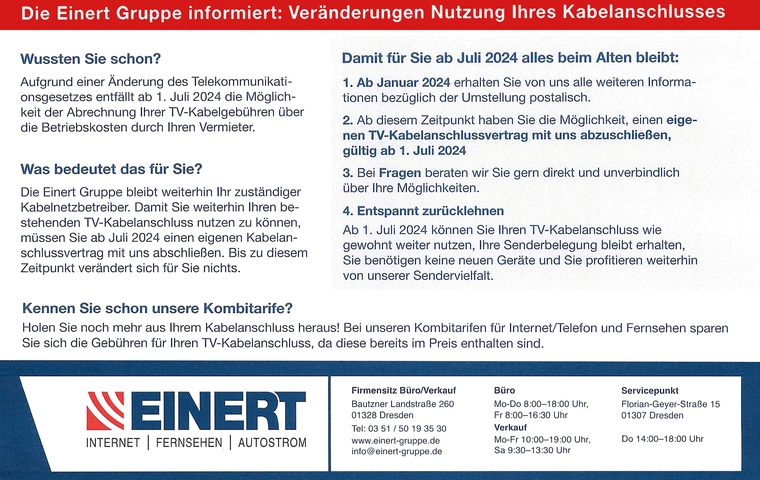 Die Einert Gruppe informiert: Veränderungen Nutzung Ihres Kabelanschlusses