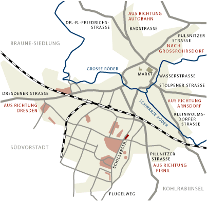 Lageplan: Wohnanlagen Kohlrabiinsel, Südvorstadt und Ernst-Braune-Siedlung
